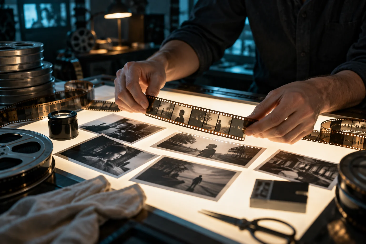 Hands arranging film strips and cinema stills
